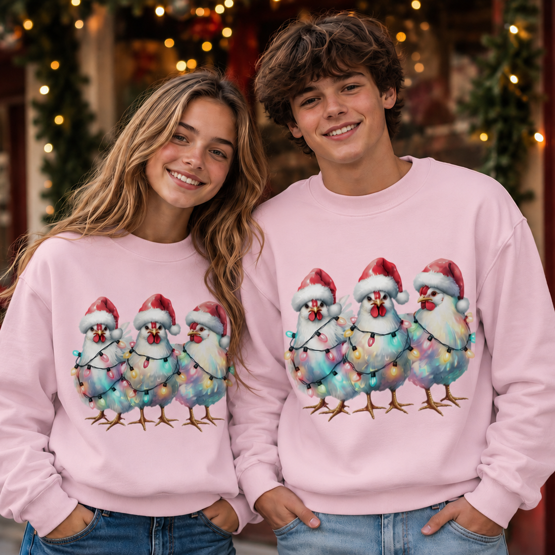 Teenagers wearing a light pink sweatshirt with  chickens wrapped in christmas lights design