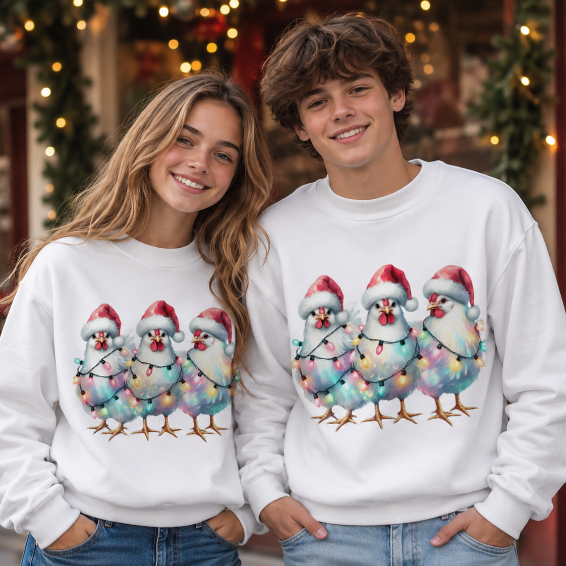 Teenagers wearing a white sweatshirt with  chickens wrapped in christmas lights design