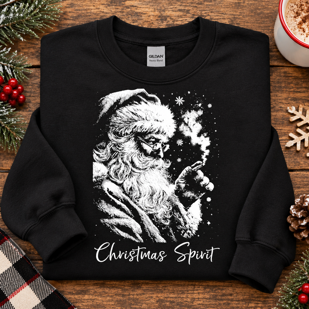 A black crewneck sweatshirt with a white graphic of Santa smoking a pipe, with the text 'Christmas Spirit' written below. The sweatshirt is laid flat on a wooden table with holiday decorations including pine branches, red berries, a wooden snowflake, and a cup of hot cocoa.