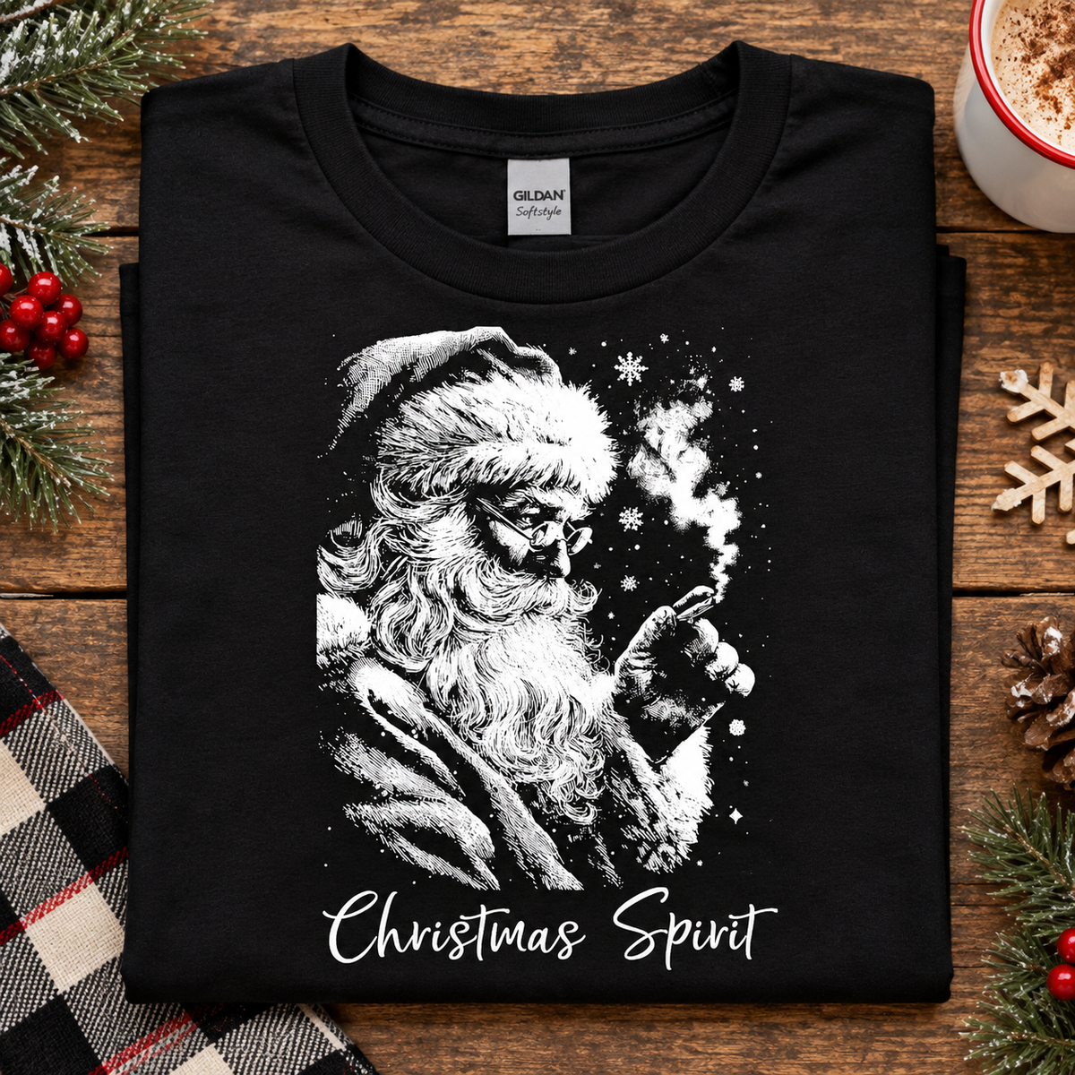 A folded black Gildan t-shirt with a white graphic of Santa Claus smoking and the text 'Christmas Spirit' underneath, displayed on a rustic wooden table with holiday decorations.