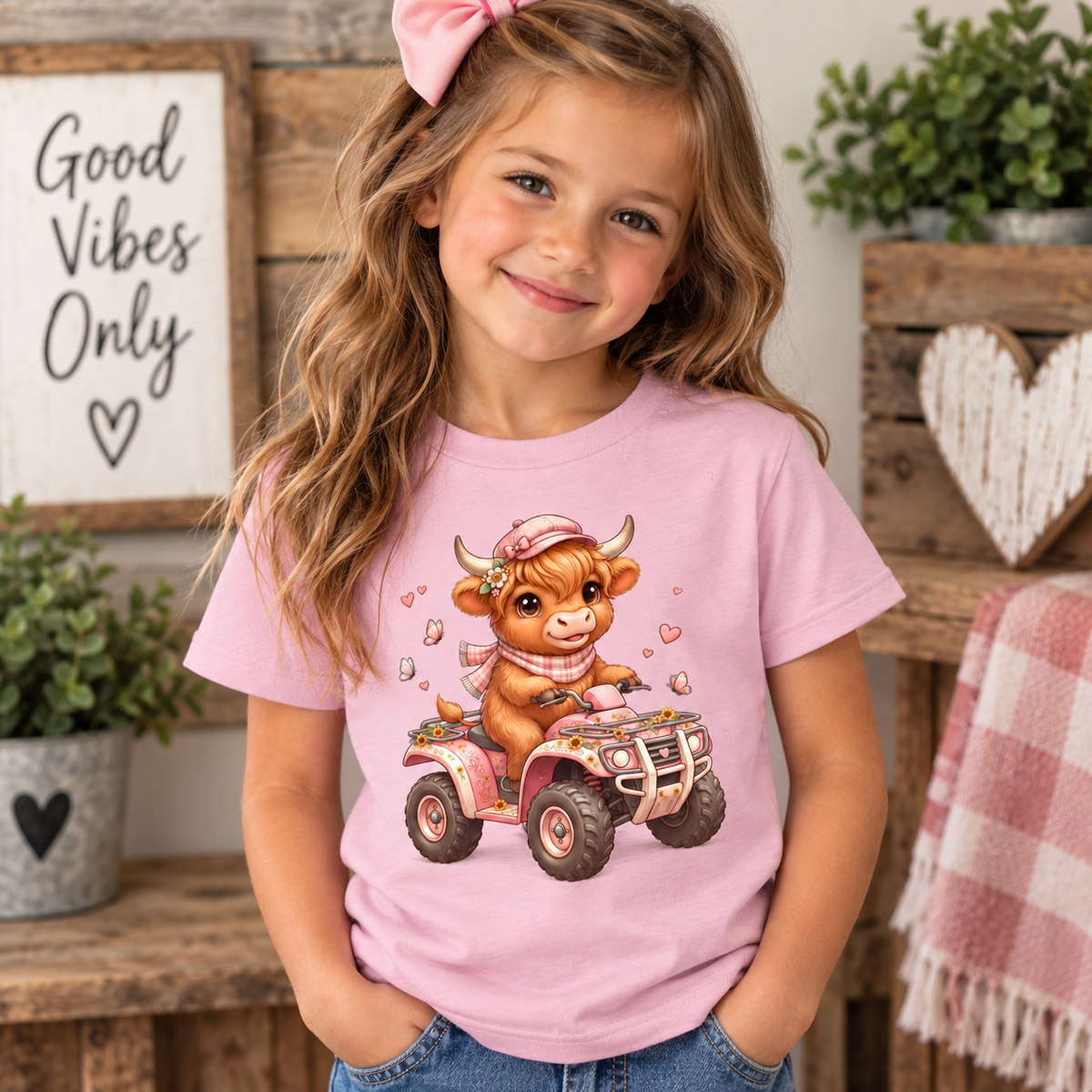 A young girl with a pink bow in her hair wears a light pink t-shirt featuring a cute cartoon cow driving a pink ATV. The background is a cozy, rustic room with wooden shelves, potted plants, and a sign that reads 'Good Vibes Only'.