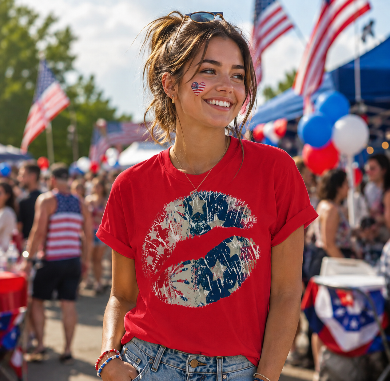 Woman wearing a red t-shirt with a graphic design, standing in a festive outdoor setting with American flags and balloons.