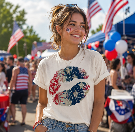 Woman wearing a white t-shirt with red, white and blue lips graphic design at a patriotic event.