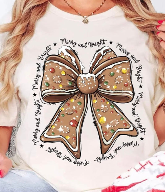 Merry & Bright Gingerbread Bow - Graphic T-Shirt