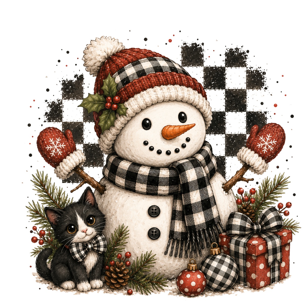 A festive Christmas illustration featuring a snowman wearing a red and black buffalo plaid beanie and matching scarf, with a small black-and-white cat beside it. 