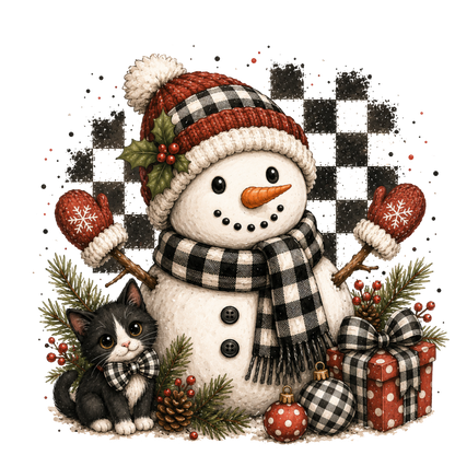 A festive Christmas illustration featuring a snowman wearing a red and black buffalo plaid beanie and matching scarf, with a small black-and-white cat beside it. 