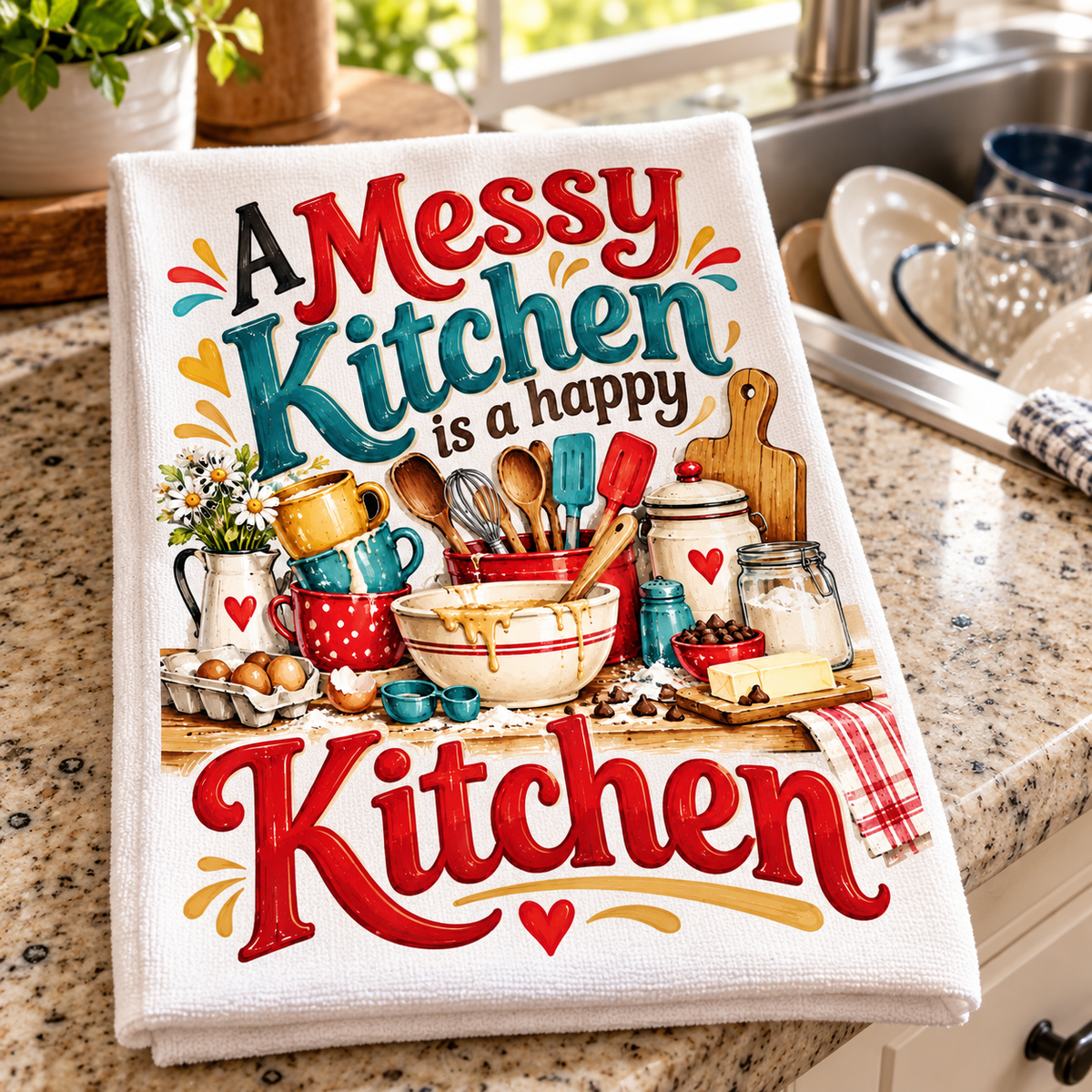 A white kitchen towel with a colorful printed design reading 'A Messy Kitchen is a happy Kitchen' and decorated with baking utensils, mugs, eggs, and a cutting board, displayed on a granite kitchen countertop.