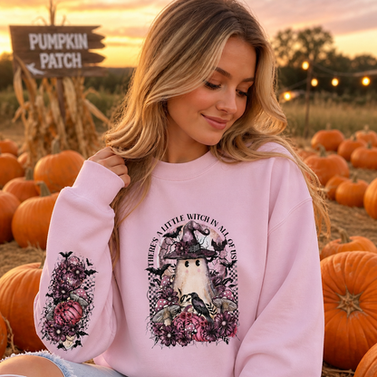 Sweatshirt with a graphic design of a ghost in a witch hat surrounded by flowers and text.