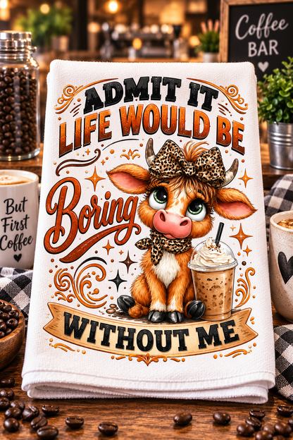 A folded white kitchen towel with a colorful graphic of a cute cartoon cow wearing a leopard-print bow and necktie, sitting next to an iced coffee. The towel features the text 'ADMIT IT LIFE WOULD BE Boring WITHOUT ME' in stylized orange and black lettering.