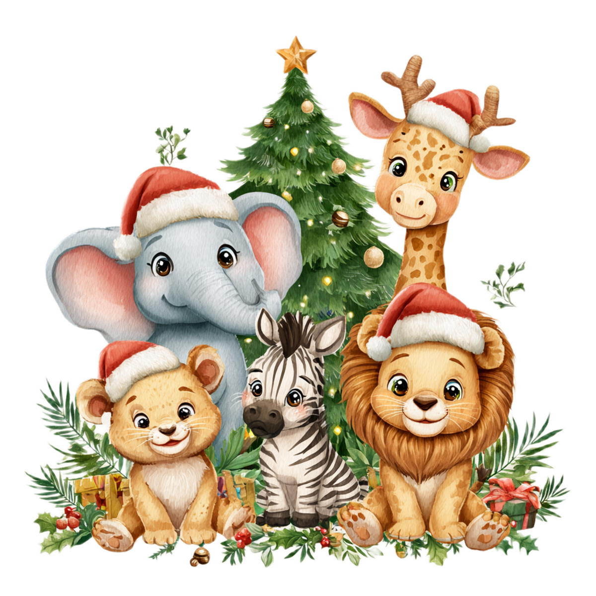 A festive watercolor-style illustration of four cartoon animals wearing Santa hats: an elephant, giraffe, lion, and zebra, gathered around a decorated Christmas tree with gifts and greenery on a white background.