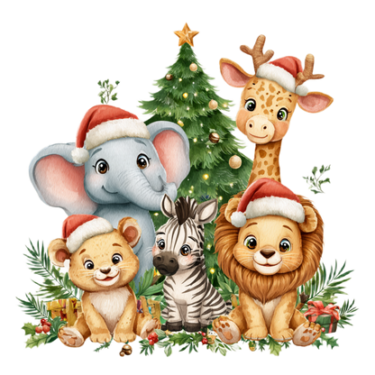 A festive watercolor-style illustration of four cartoon animals wearing Santa hats: an elephant, giraffe, lion, and zebra, gathered around a decorated Christmas tree with gifts and greenery on a white background.