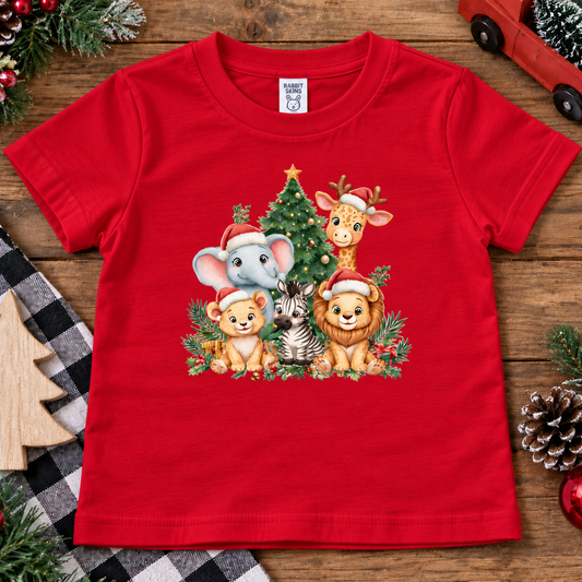 a red  toddler shirt with a christmas graphic of a tree and animals