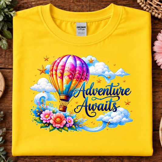 Daisy colored t-shirt with a hot air balloon flying in the clouds