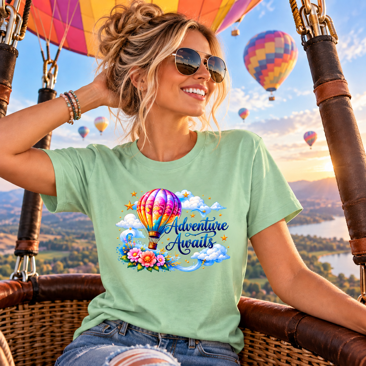 a woman wearing a mint green tshirt with a colorful graphic design with a hot air balloon in the clouds