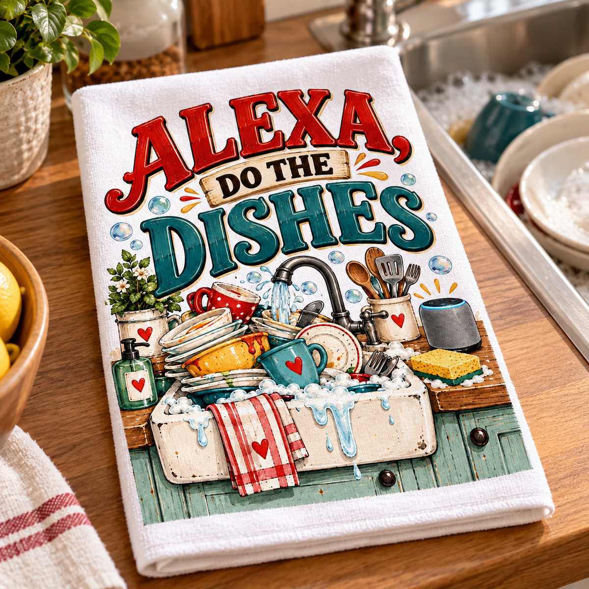A white kitchen dish towel with a colorful graphic of a sink full of dishes and the text 'ALEXA, DO THE DISHES' in red and teal lettering, shown on a wooden countertop next to a dish rack.