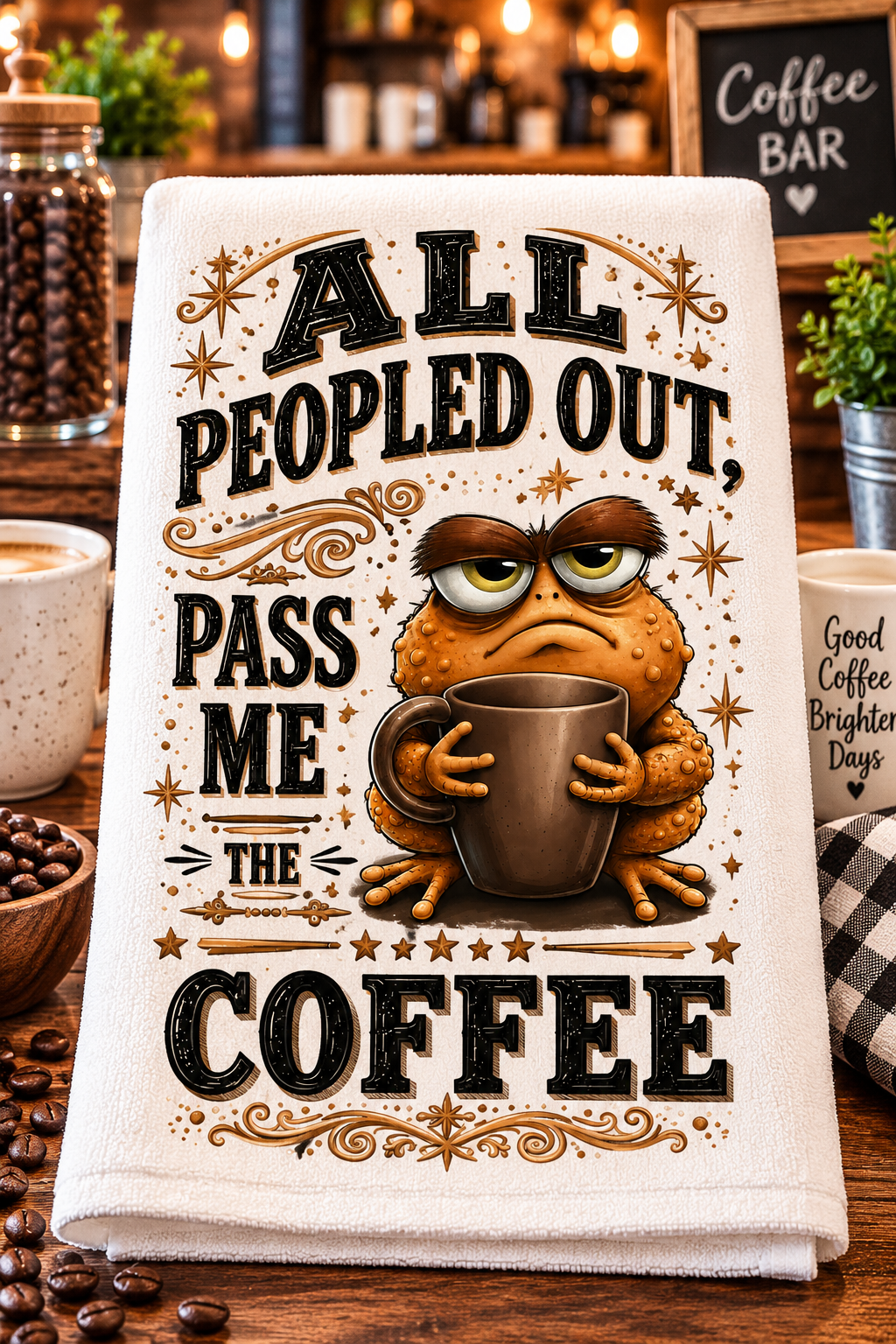 A white kitchen towel with a humorous coffee-themed graphic print, displayed on a rustic wooden table with coffee beans and mugs in a cafe setting.