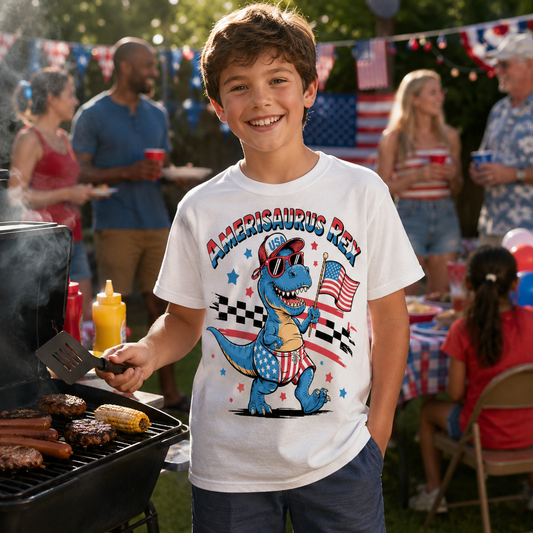 Child wearing a 'AMERISaurus Rex' white colored t-shirt at a barbecue with people in the background.