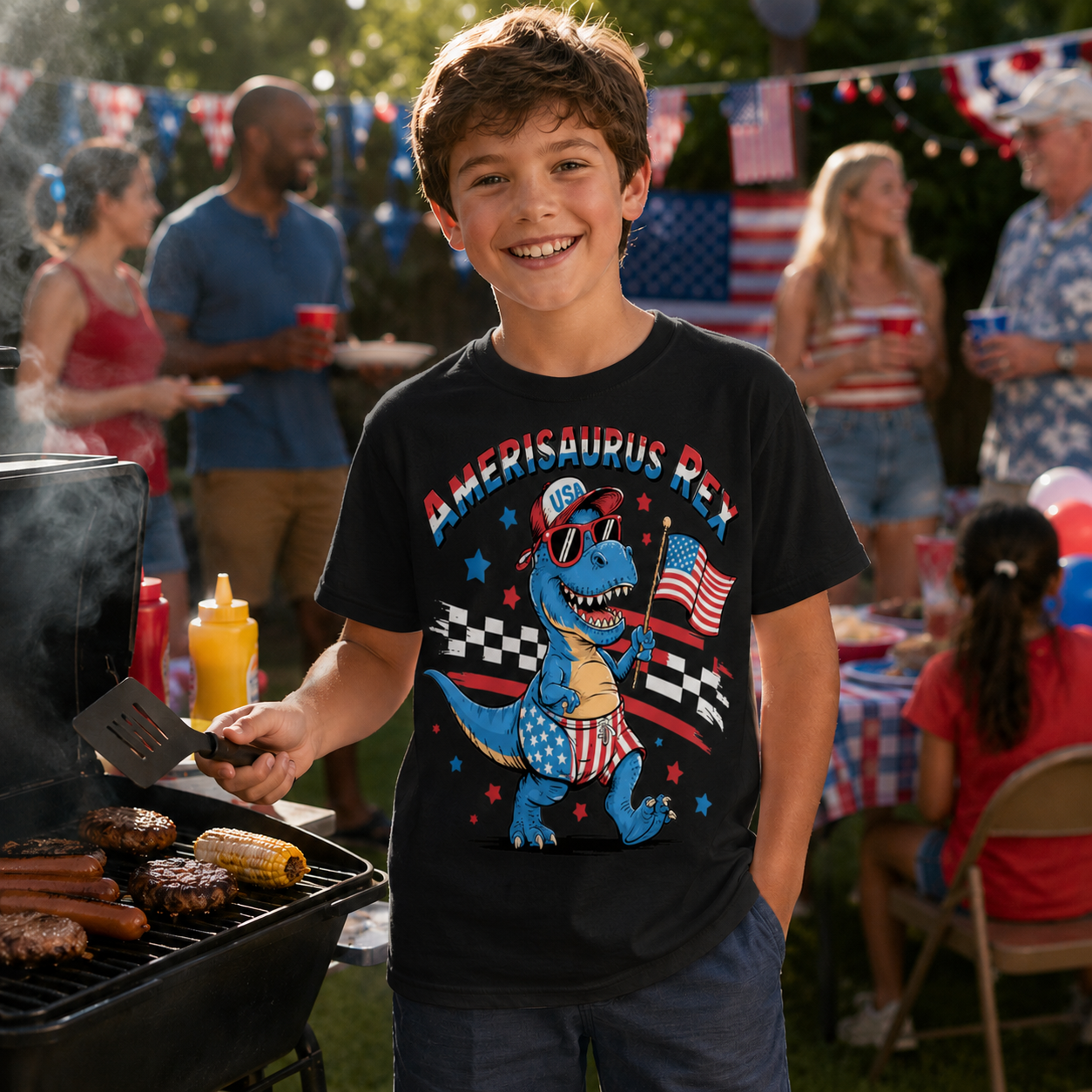 Child wearing a 'AMERISaurus Rex' black colored t-shirt at a barbecue with people in the background.
