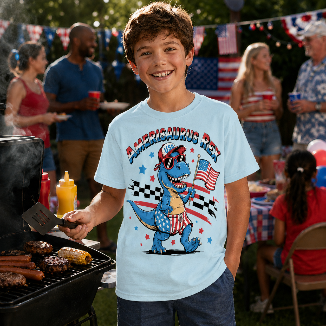 Child wearing a 'AMERISaurus Rex' chambray colored t-shirt at a barbecue with people in the background.