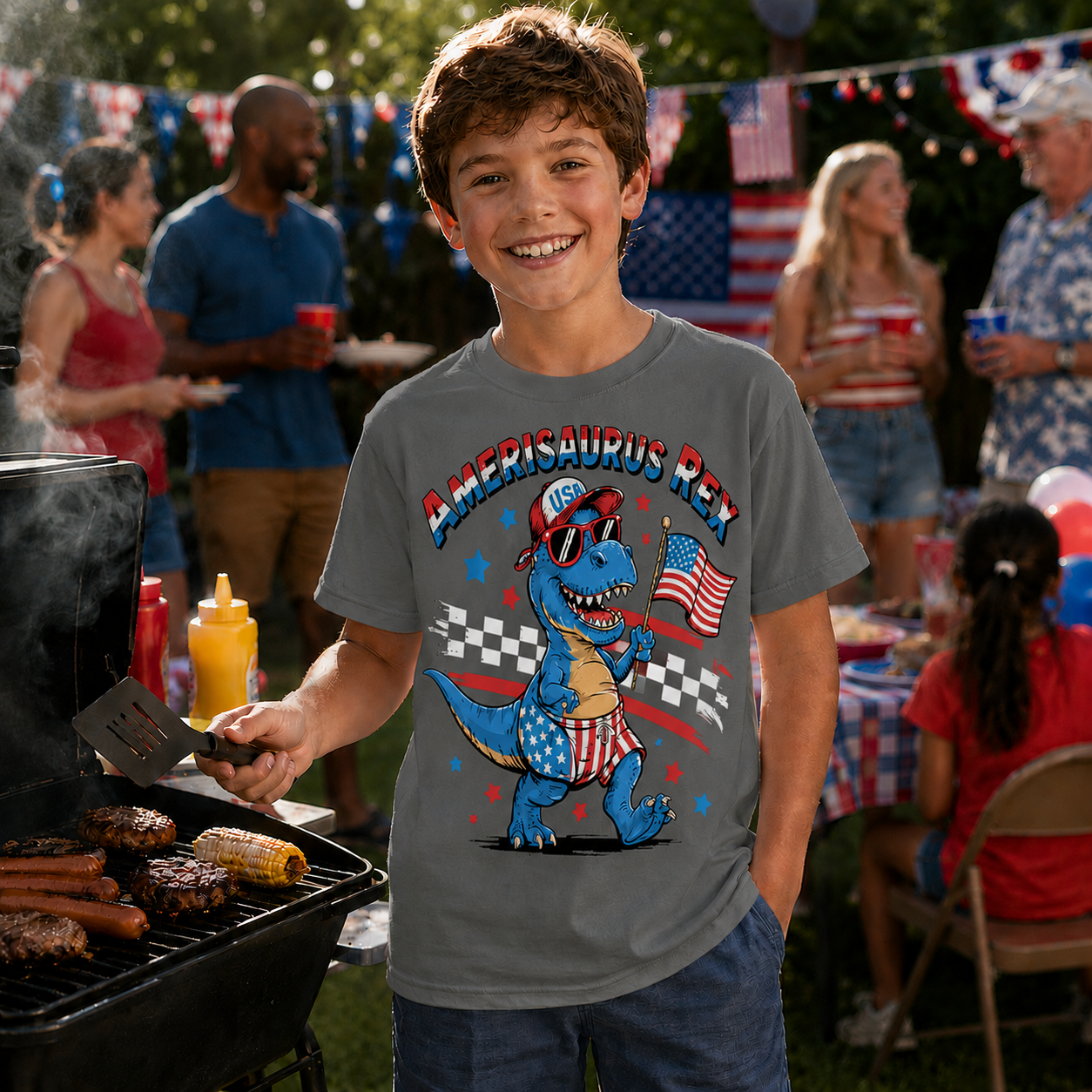 Child wearing a 'AMERISaurus Rex' gray colored t-shirt at a barbecue with people in the background.