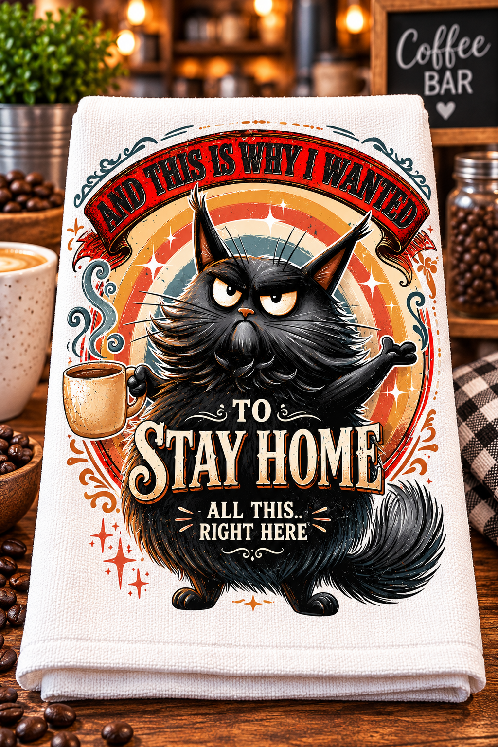 A folded white kitchen towel with a colorful graphic of a black cat holding a coffee mug, surrounded by retro-style text that reads 'AND THIS IS WHY I WANTED TO STAY HOME ALL THIS RIGHT HERE'.