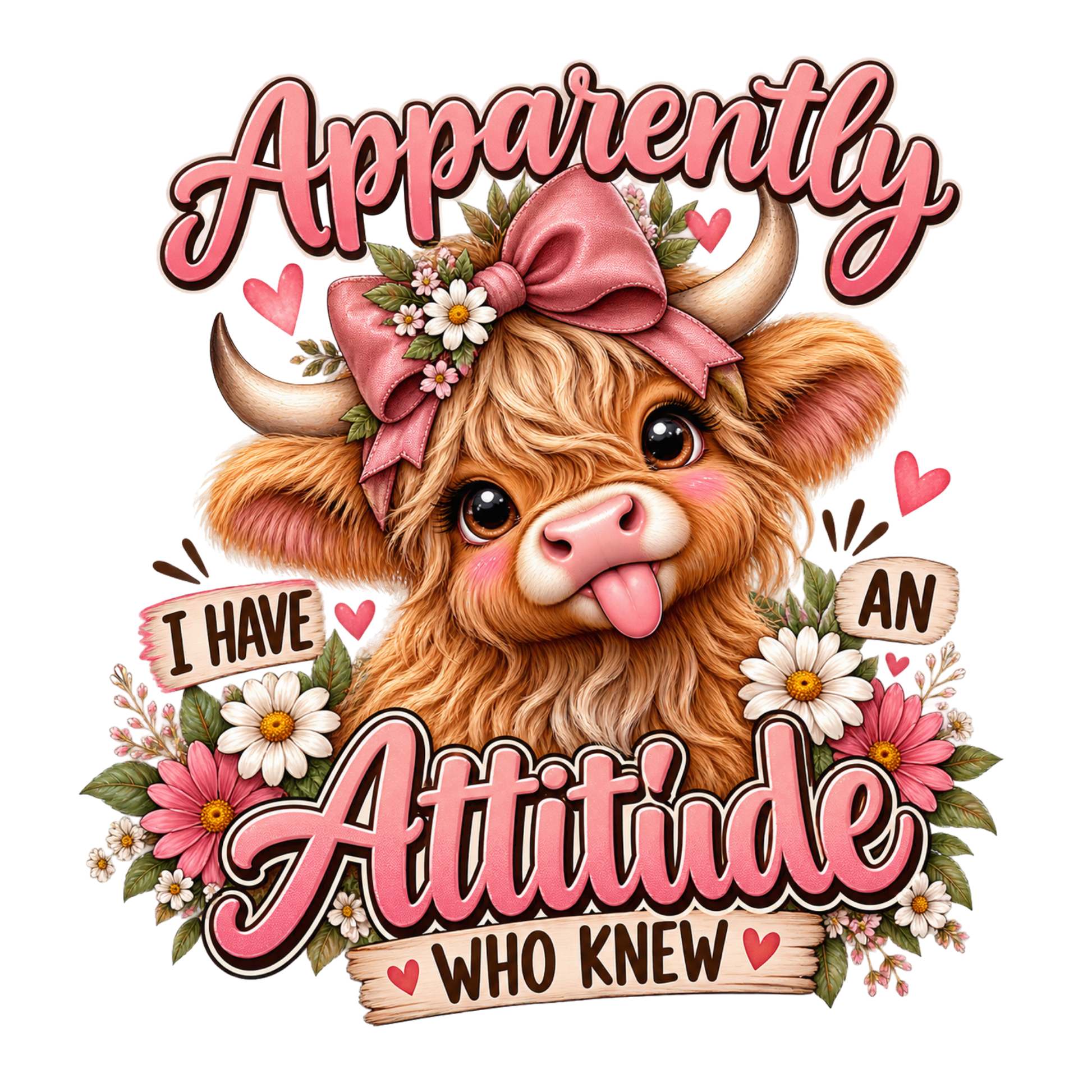 A stylized cartoon Highland cow with pink lettering reading 'Apparently I Have An Attitude Who Knew,' surrounded by flowers and hearts on a plain white background.