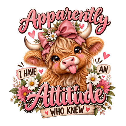 A stylized cartoon Highland cow with pink lettering reading 'Apparently I Have An Attitude Who Knew,' surrounded by flowers and hearts on a plain white background.