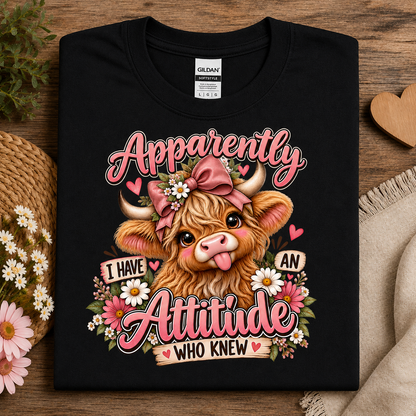 A black Gildan t-shirt laid flat on a rustic wooden surface, decorated with a colorful graphic of a fluffy Highland cow wearing a pink bow and surrounded by flowers, with the text 'Apparently I Have An Attitude Who Knew'.