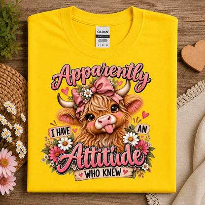 A folded daisy colored Gildan Ultra-Cotton T-shirt is displayed on a wooden surface with decorative props including flowers, a woven hat, and a beige cloth. The shirt features a colorful graphic of a fluffy Highland cow wearing a pink bow and surrounded by flowers, with the text 'Apparently I HAVE AN Attitude WHO KNEW'. 