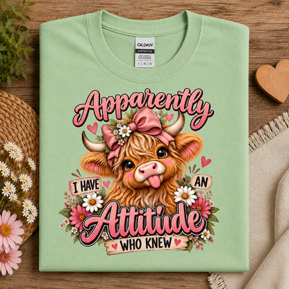A folded mint green Gildan t-shirt with a cartoon Highland cow graphic and the text 'Apparently I HAVE AN Attitude WHO KNEW' in pink and brown lettering, styled on a wooden surface with flowers and a cozy textile prop.