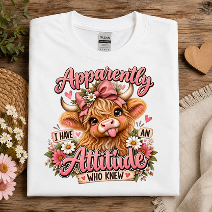 A folded white Gildan Comfort Colors T-shirt is displayed on a rustic wooden surface with decorative props including flowers, a woven mat, and a wooden heart. The shirt features a colorful graphic of a fluffy brown Scottish Highland cow wearing a pink bow and floral crown, surrounded by text that reads, 'Apparently I Have An Attitude Who Knew'.