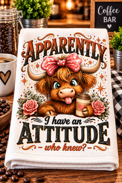 A folded white kitchen towel with a colorful graphic of a cute Highland cow, pink roses, and coffee beans, featuring the text 'APPARENTLY I have an ATTITUDE who knew?'. 
