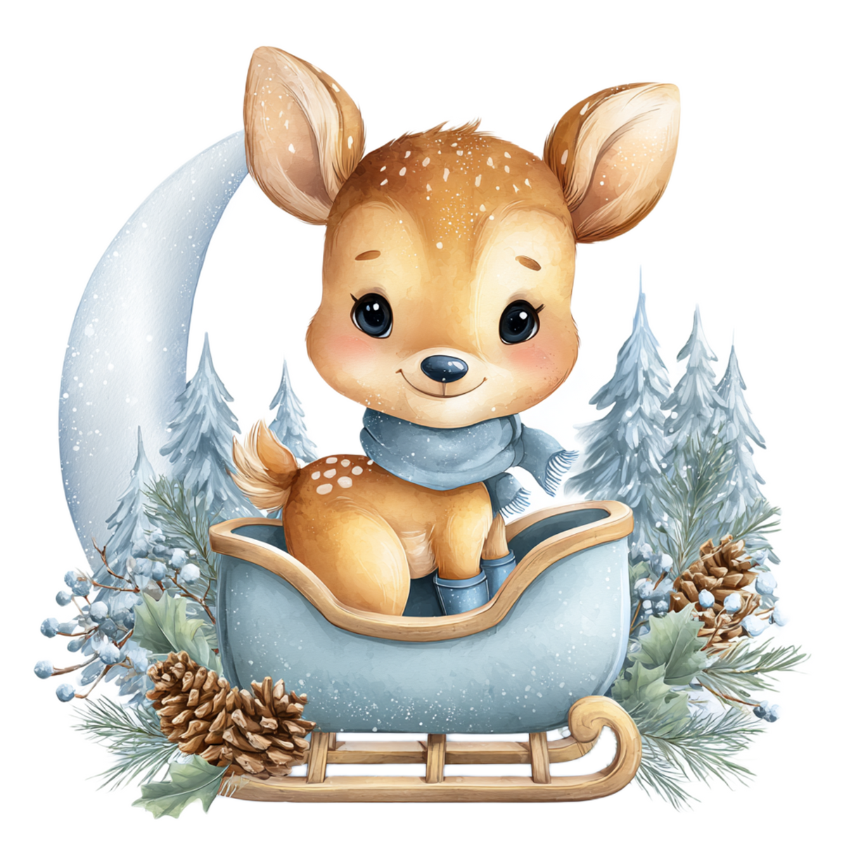 A cute watercolor-style illustration of a small fawn sitting in a snowy sleigh, surrounded by pine trees, pinecones, berries, and a crescent moon on a white background.