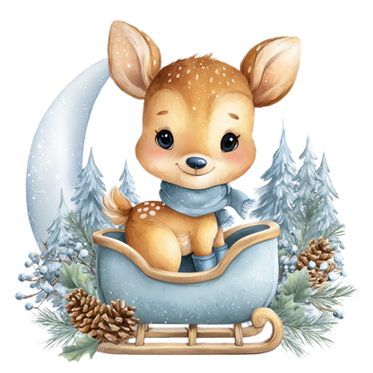 A cute watercolor-style illustration of a small fawn sitting in a snowy sleigh, surrounded by pine trees, pinecones, berries, and a crescent moon on a white background.