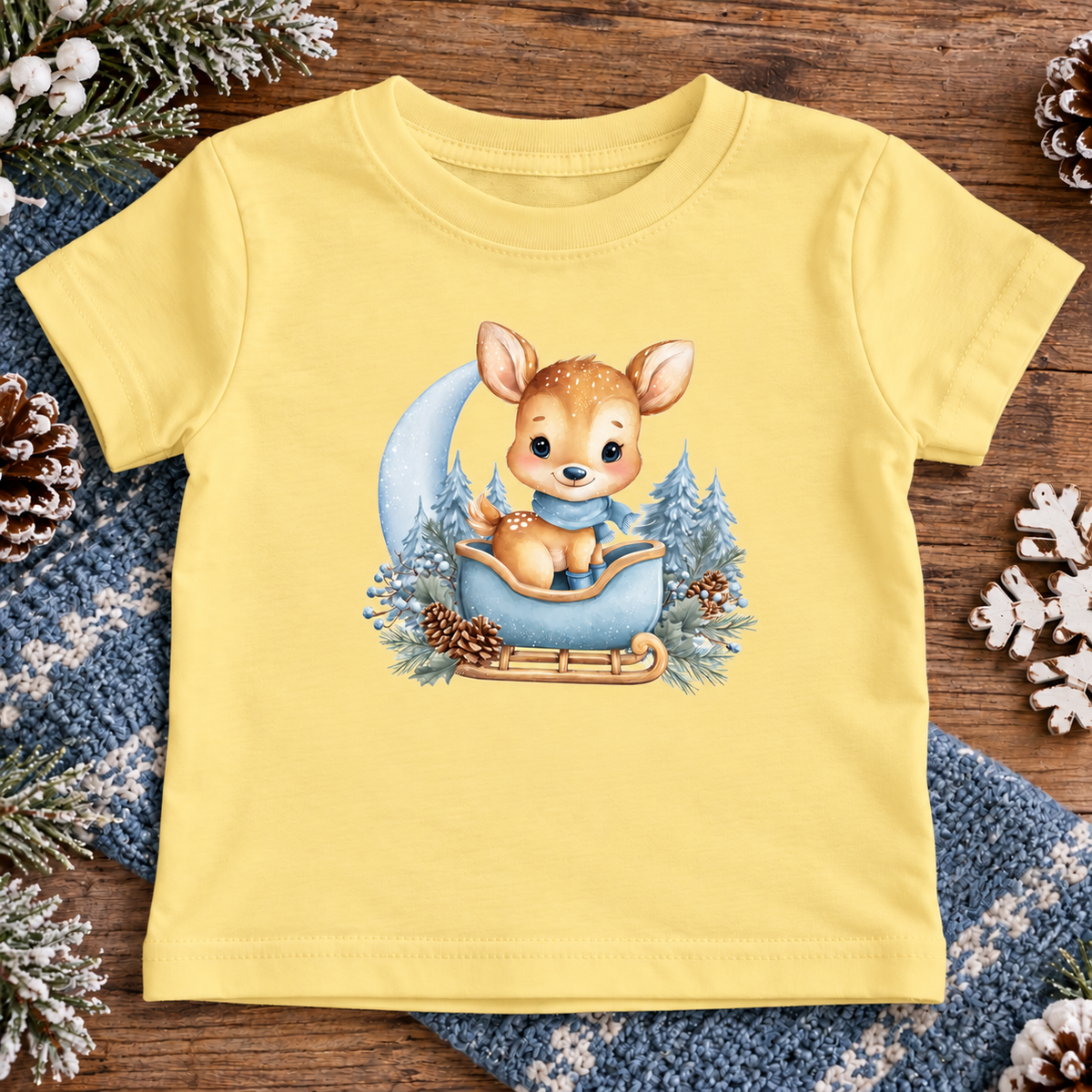 A light yellow short-sleeve baby t-shirt featuring a cute fawn sitting in a blue sleigh surrounded by pine trees and pinecones, laid flat on a rustic wooden surface with a blue knit blanket and winter foliage props.