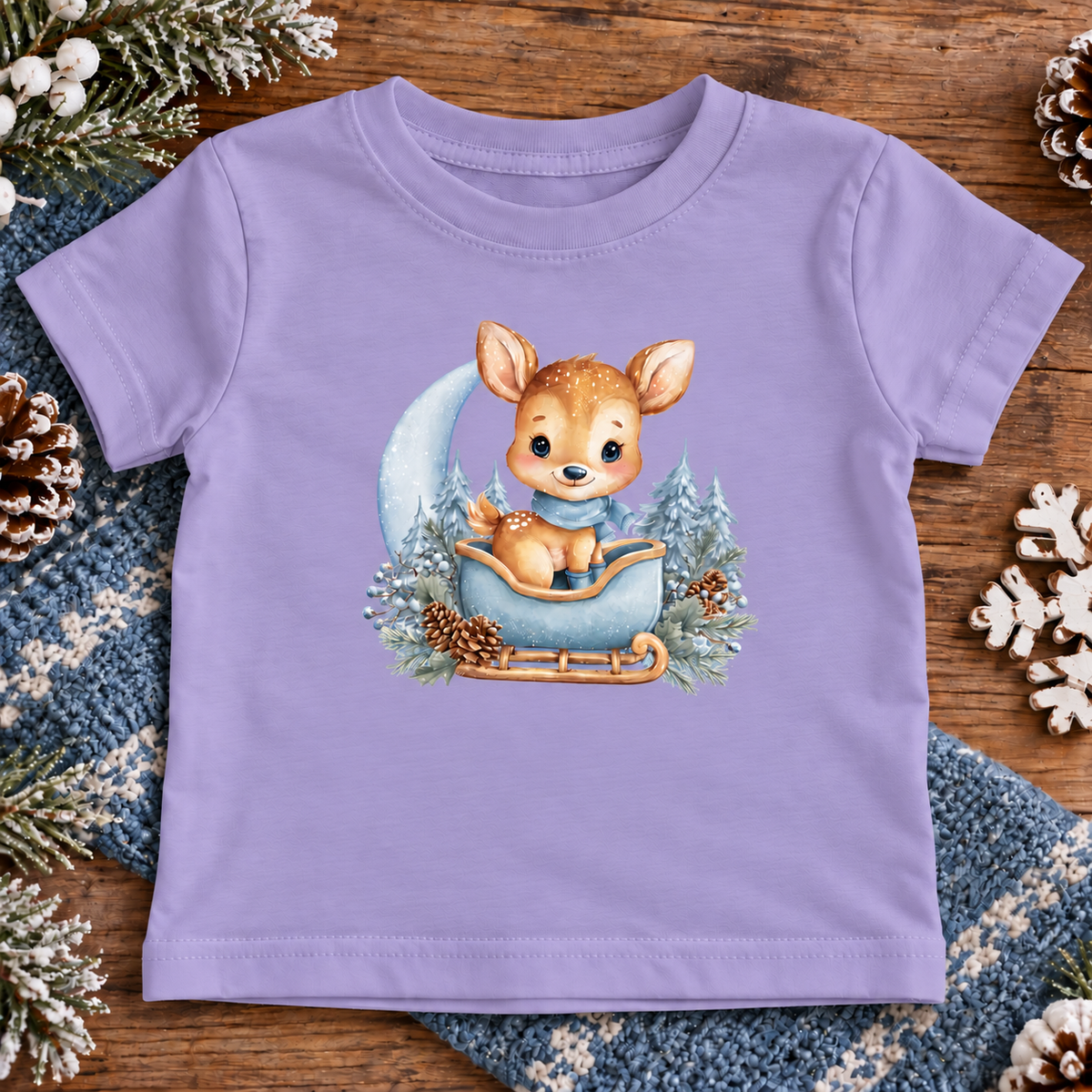 A lavender purple short-sleeve baby t-shirt featuring a cute watercolor graphic of a fawn sitting in a blue sled on a crescent moon, surrounded by pine trees and pinecones. 