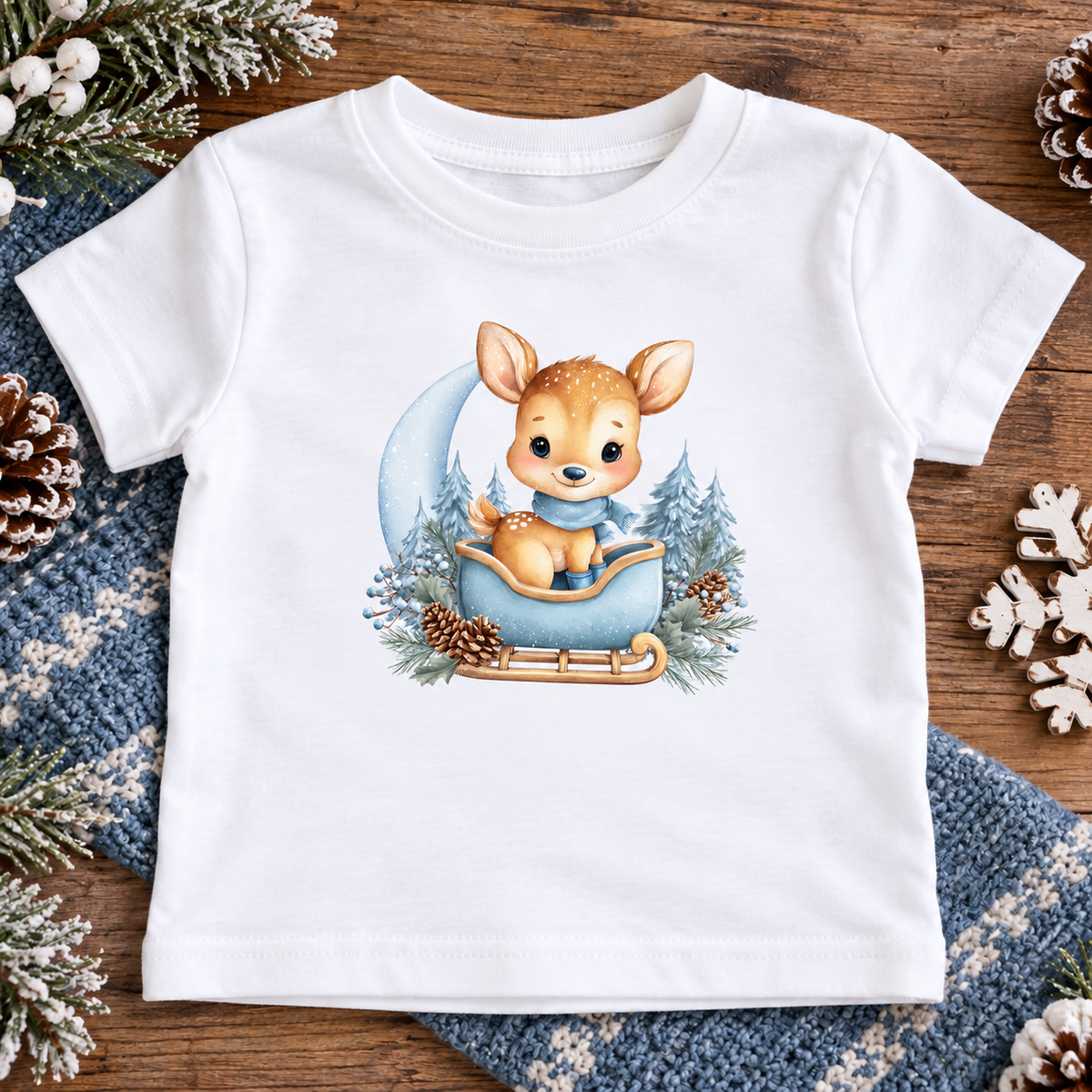 A white short-sleeve baby t-shirt decorated with a winter-themed graphic of a cute deer in a blue sleigh surrounded by pine trees and pinecones. 