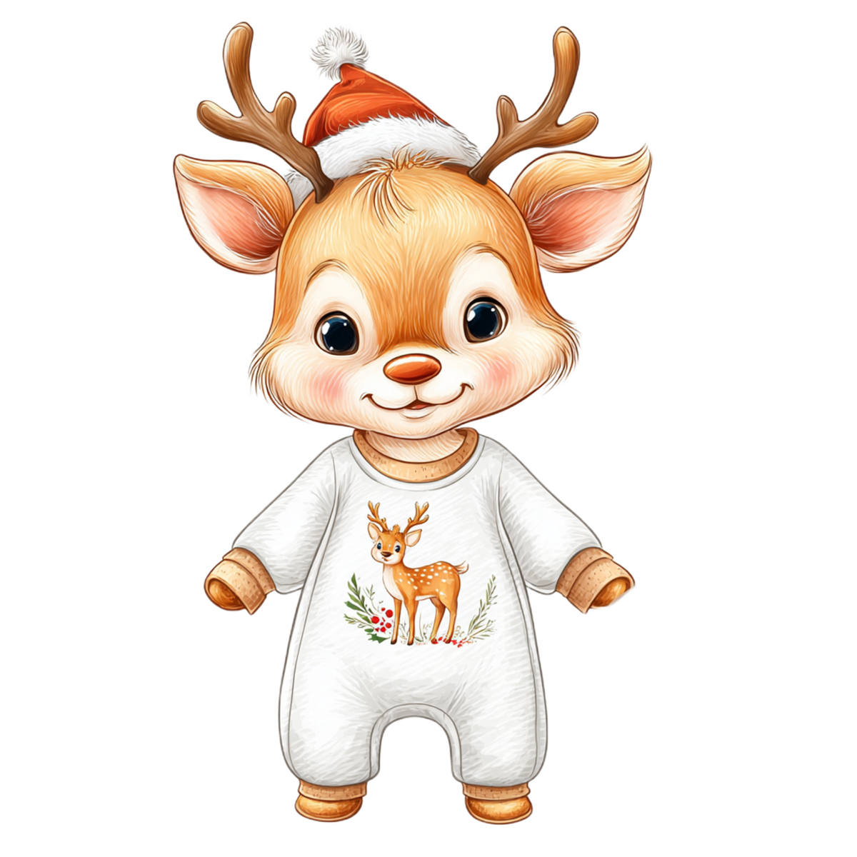 short-sleeve baby bodysuit laid flat on a rustic wood surface, decorated with holiday props including pine branches, a star, a plaid cloth, and red berries. The bodysuit has a cartoon reindeer graphic on the chest wearing a Santa hat and white outfit.