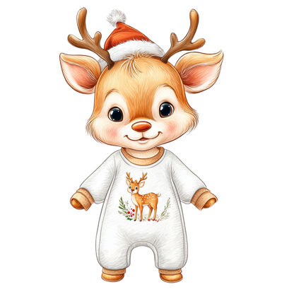 short-sleeve baby bodysuit laid flat on a rustic wood surface, decorated with holiday props including pine branches, a star, a plaid cloth, and red berries. The bodysuit has a cartoon reindeer graphic on the chest wearing a Santa hat and white outfit.