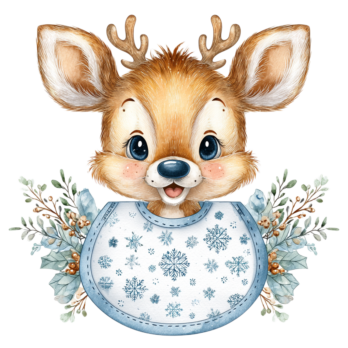 baby bodysuit laid flat on a wooden surface, featuring a cute cartoon deer graphic with a blue patterned bib and floral accents. 