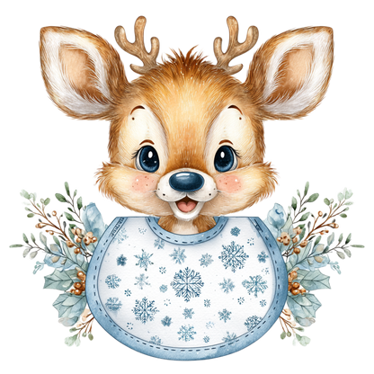 baby bodysuit laid flat on a wooden surface, featuring a cute cartoon deer graphic with a blue patterned bib and floral accents. 