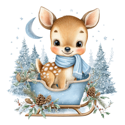 Baby Reindeer in a Sleigh Surrounded by Trees Graphic Onesie