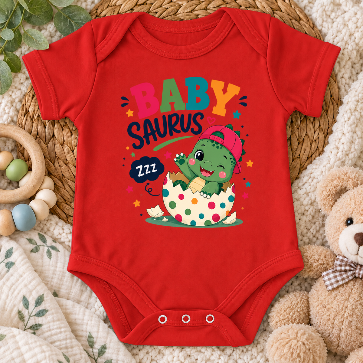A red short-sleeve baby bodysuit laid flat on a woven mat, surrounded by baby props including a wooden ring, quilted blanket, teddy bear, and eucalyptus leaves. The bodysuit features a colorful graphic of a green dinosaur sitting in a polka-dot egg with the text 'BABY SAURUS' and 'zzz'.