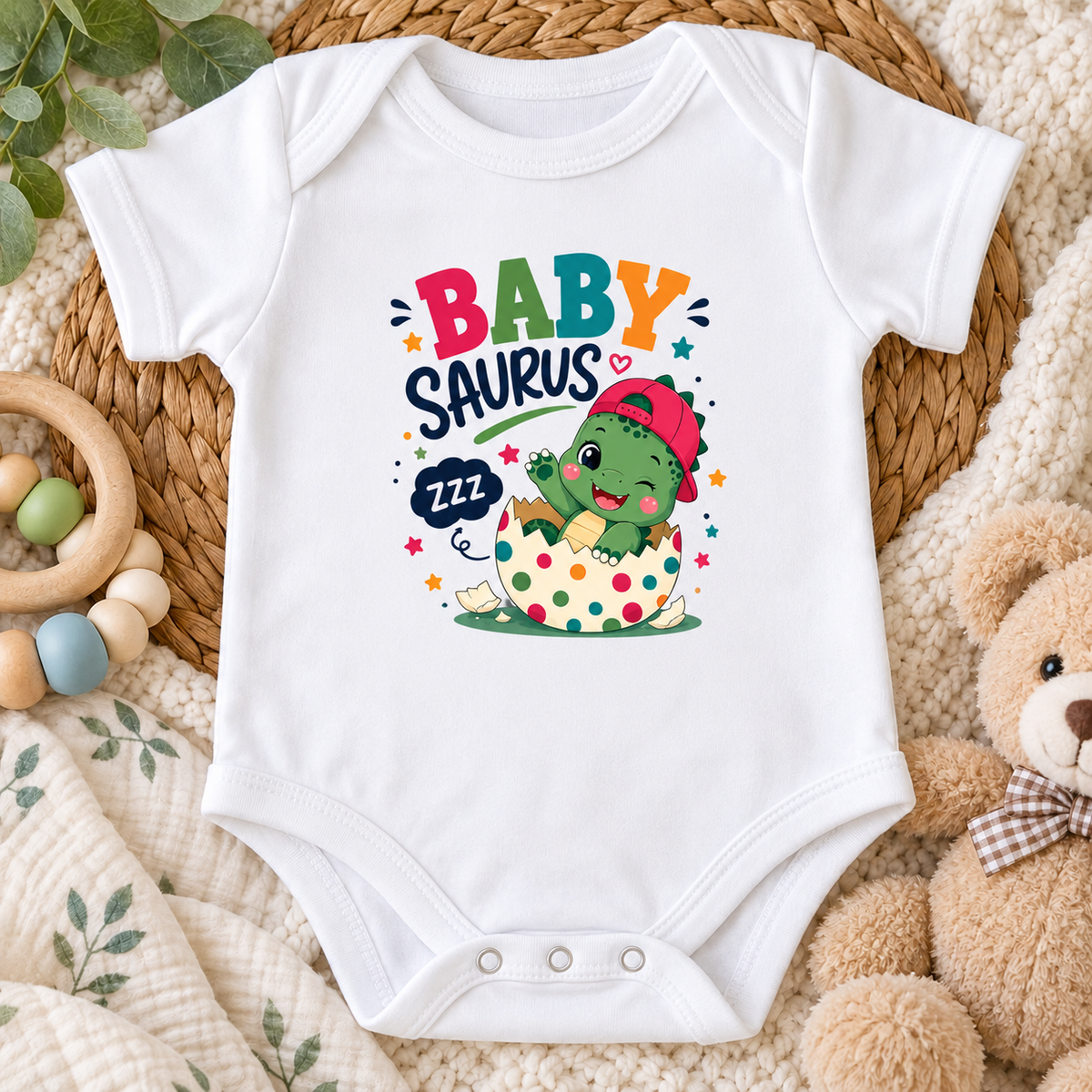 A white short-sleeve baby bodysuit laid flat on a woven mat, surrounded by a wooden ring toy, green leaves, a teddy bear, and a cream blanket. The bodysuit features a colorful graphic that reads 'BABY SAURUS' above a cartoon green dinosaur sitting in a polka-dot bassinet.