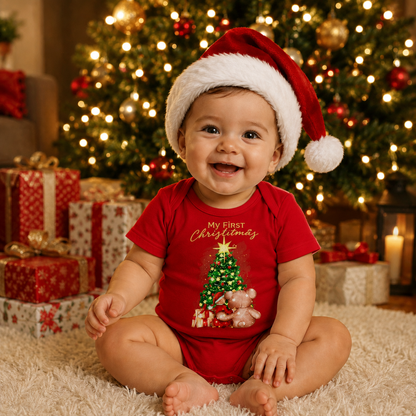 Baby wearing a red 'My First Christmas' onesie and Santa hat in front of a decorated Christmas tree.
