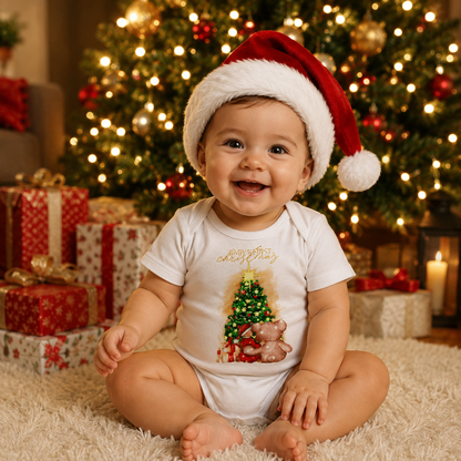 Child wearing a Santa hat and Christmas-themed onesie in front of a decorated Christmas tree.
