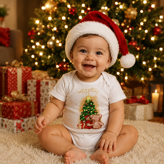 Child wearing a Santa hat and Christmas-themed onesie in front of a decorated Christmas tree.