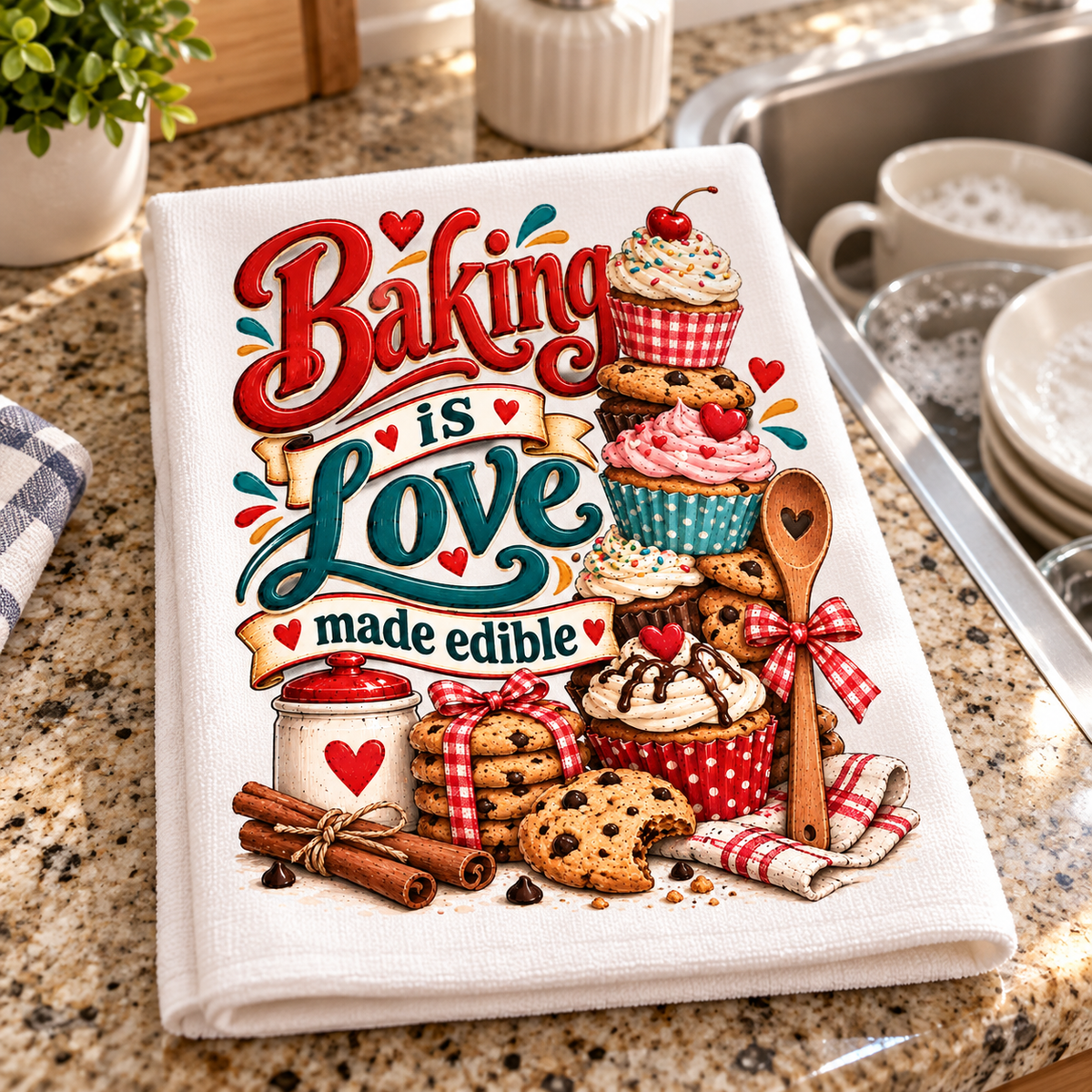 A white kitchen towel with a colorful 'Baking is Love made edible' graphic, featuring illustrations of cupcakes, cookies, cinnamon sticks, and a wooden spoon, displayed on a granite kitchen countertop next to a sink.