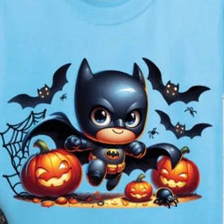 Kids graphic t-shirt featuring a playful bat boy surrounded by pumpkins and bats for Halloween fun.
