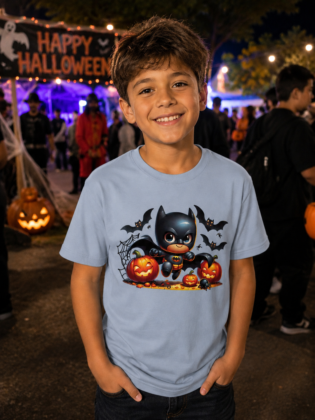 Child wearing a light blue t-shirt with a Batman graphic at a Halloween event.